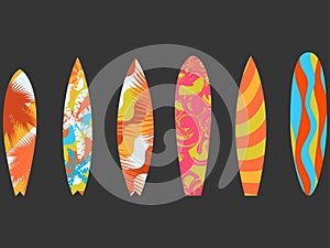 Types of surfboards with a pattern. Water sports and hobbies. Vector