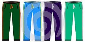 Types of Sweatpants set. simple icons of sprt pants . Green, red, blue, purple isolated on white background. Flat design