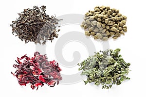 Types of tea leaves on a white background