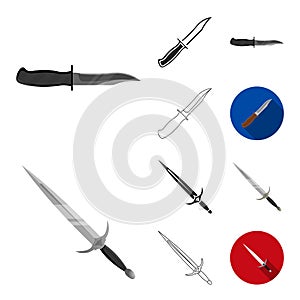 Types of weapons cartoon,black,flat,monochrome,outline icons in set collection for design.Firearms and bladed weapons