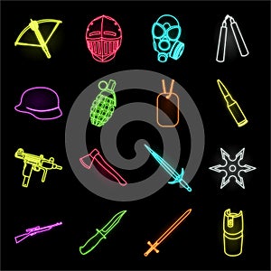 Types of weapons neon icons in set collection for design.Firearms and bladed weapons vector symbol stock web