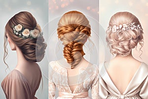 Types of wedding hairstyles for the bride and bridesmaids with hair braiding and decorations