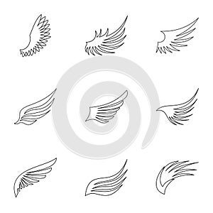 Types of wings icons set, outline style