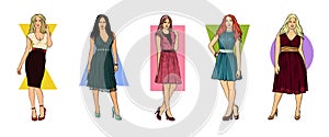 Types of woman figures. Types of woman figures. Set of Female Body Shape Types: Hourglass, Pear, Rectangle, Triangle, Oval. photo