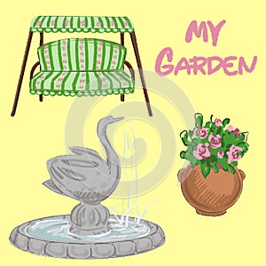 Typesetting illustration with garden elements and the inscription my garden photo