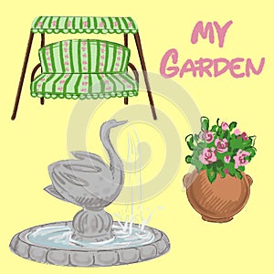 Typesetting illustration with garden elements and the inscription my garden