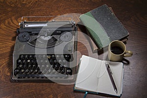 Typewriter cofee and notebook