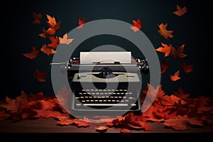 Typewriter with fall autumn leaves on a dark background