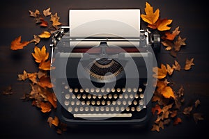 Typewriter with fall autumn leaves on a dark background top view. AI Generated