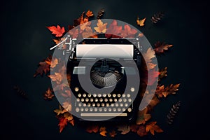 Typewriter with fall autumn leaves on a dark background top view. AI Generated