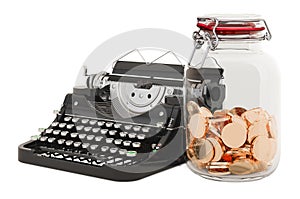 Typewriter with glass jar full of golden coins, 3D rendering