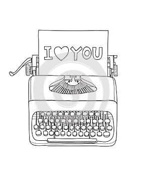 Typewriter i love you portable retro hand drawn vector line art illustration