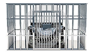 Typewriter inside cage, prison cell. 3D rendering