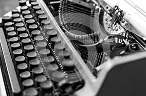 Typewriter With Paper Sheet, Close-up Black And White. Writer Bo