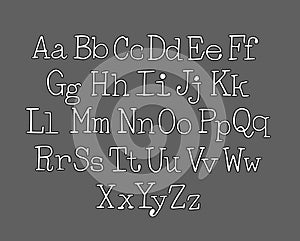 Typewriter style font. Hand-drawn doodly slim lowercase and uppercase letters alphabet. White with black stroke