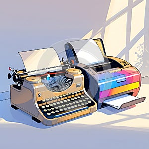 Typewriter. Typewriter illustration. Color printer illustration.Typewriter. Typewriter illustration. Color printer illustration. A