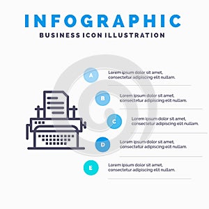 Typewriter, Typing, Document, Publish Line icon with 5 steps presentation infographics Background