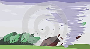 Typhoon And Tornado Storm Destroy Tree And House Cartoon Art - Vector