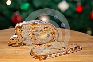 Typic German Christmas stollen with natural fermentation. handmade german panettone in selective focus