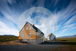 Typica icelandic houses near turf houses in Glaumbaer