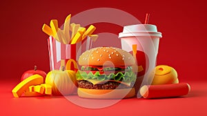 Typical American fast food meal and drink on red background. 3D illustration of burger, french fries, coffee cup, hotdog