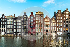 Typical Amsterdam canal houses, waterfront view, Holland Netherlands