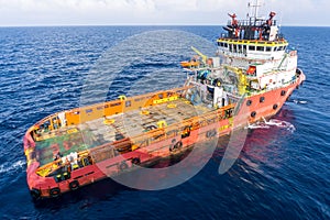 A typical anchor handling tub boat at oil field