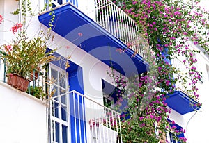 Typical Andalusia Spain whitewashed house with balcony and flowers