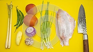 Typical Asian food ingredients and preparation for cooking fish