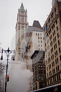 Typical atmosphere of the streets of New York in gray weather in winter