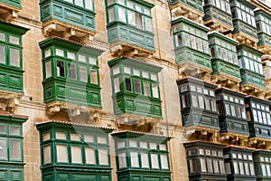 Typical balconies in the streets of Valetta, Malta