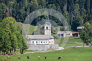 Typical alpine catholic church in Zgornje Jezersko, in Slovenia, at the border with Austria, in the julian alps mountain,