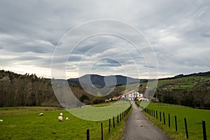 Typical Basque farmhouse with sheep grazing on a cloudy day