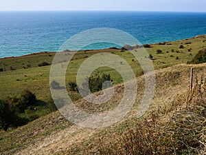 Typical beautiful Danish coastline landscape in the summer Aero Island Denmark