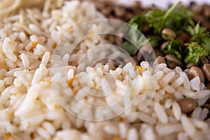 Typical Brazilian food. Rice and beans on a plate. Food rich in protein and hydrates photo