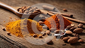 Typical Brazilian Spices - Almonds, cinnamon, paprika and turmeric powder in a spoo n