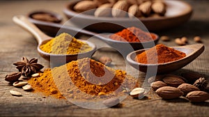 Typical Brazilian Spices - Almonds, cinnamon, paprika and turmeric powder in a spoon