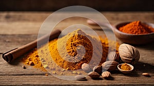 Typical Brazilian Spices - Almonds, cinnamon, paprika and turmeric powder in a spoon