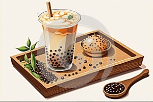 Typical bubble milk tea from Taiwan, served on a wooden tray