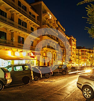 Typical buildings at night, Corfu city, Greece