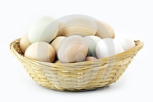 Typical caipira egg from brazil on isolated white background in straw basket