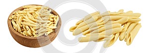 Typical Calabrian pasta called Maccheroncini or Maccheroni in wooden bowl isolated on white background with full depth