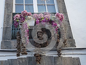 Typical Canarien lava stone window with white flower boxes decorated with pink orchid flowers and dry fig fruits