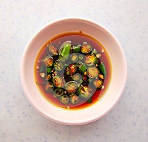 Typical chili and soy sauce condiment in Asia