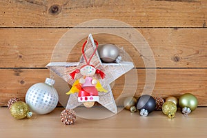Typical Christmas symbols decoration on a wooden background