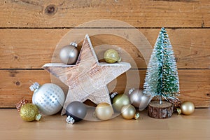 Typical Christmas symbols decoration on a wooden background