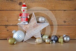 Typical Christmas symbols decoration on a wooden background