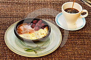 Typical Colombian dessert - Blackberry, fried cheese and caramel sauce - Hot coffee drink