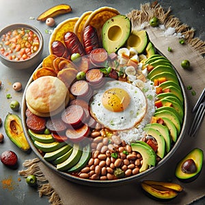 Typical Colombian dish, These dishes are made with ingredients such as rice, beans, meat. photo