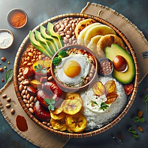 Typical Colombian dish, These dishes are made with ingredients such as rice, beans, meat, corn, photo